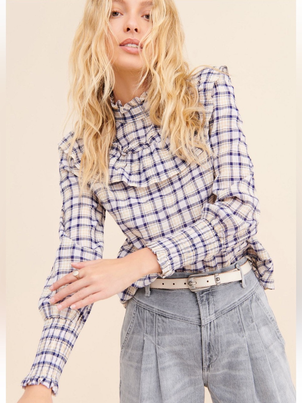English Factory Cream and Blue Plaid Ruffle Blouse